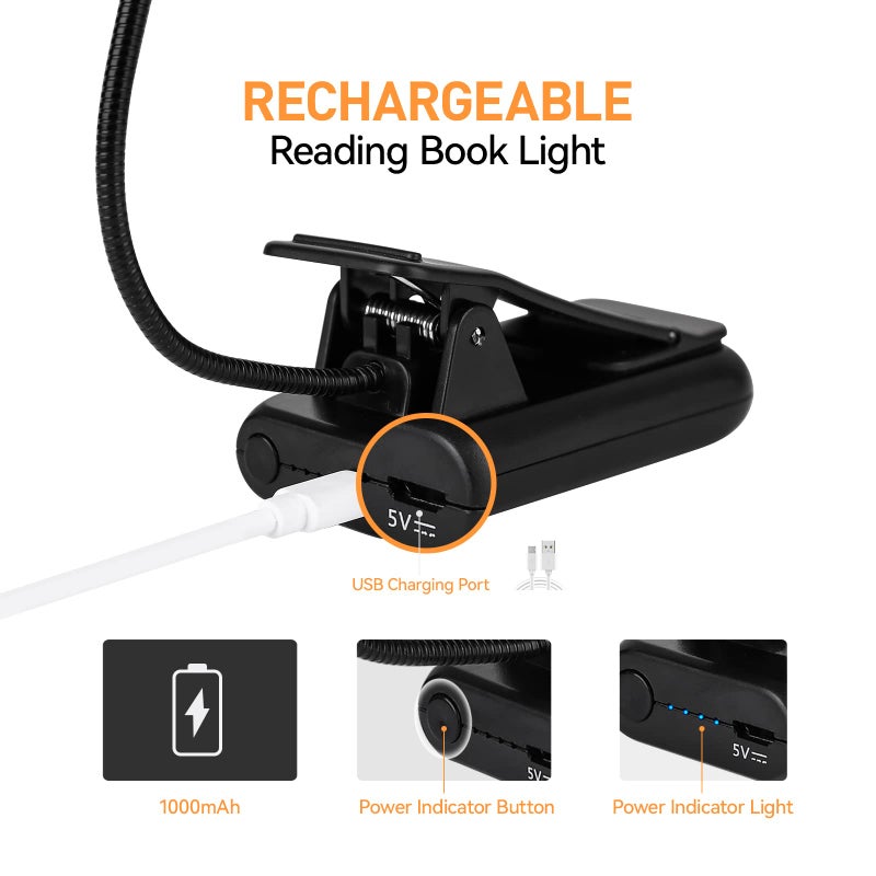 VAVOFO Amber Rechargeable Reading Light, Blue Light Blocking Book Light, 7 LEDs Eye Care 9 Colors 9 Brightness Clip On for Kids Bookworms Reading in Bed with Power Indicator Lasting 70h (Black) - Image 4